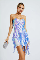 Salem Blue Irregular Sequin Fringe Mini Dress